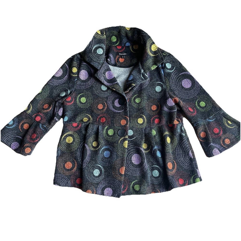 Damee Rainbow Dot Peplum Jacket Black Small Stand Up Collar Artsy Swing Coat